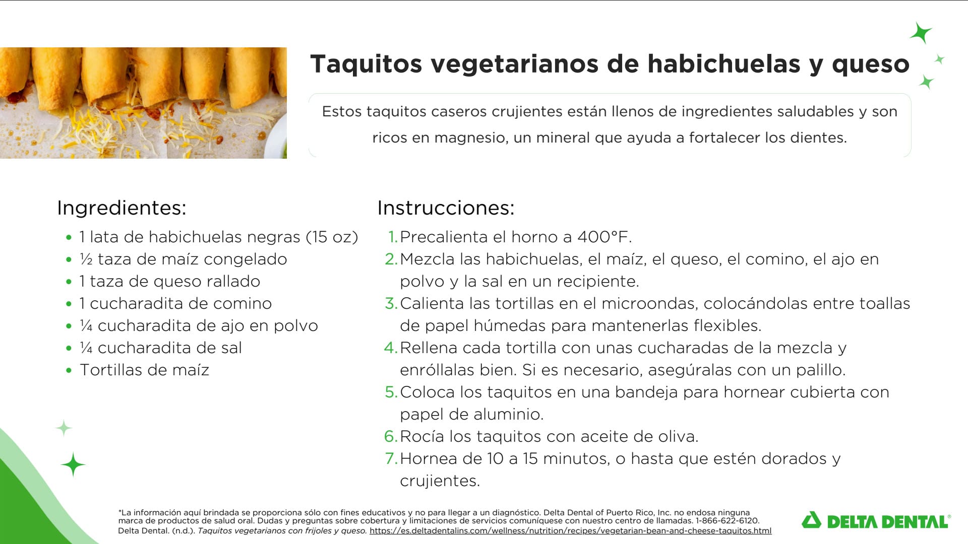 Deliciosa receta: Taquitos vegetarianos de habichuelas y queso